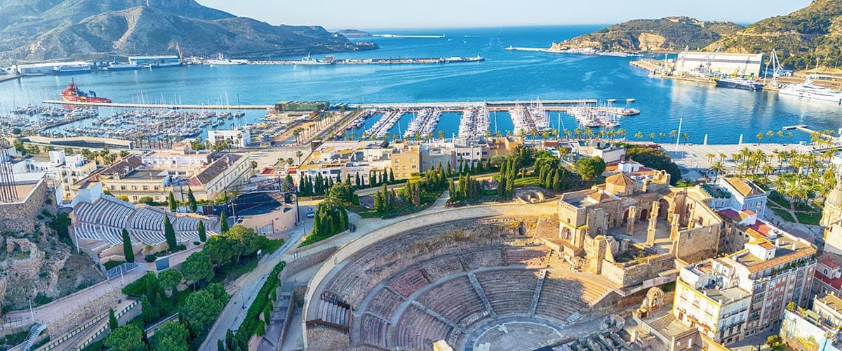 An aerial view of the Roman theatre and harbour of Cartagena